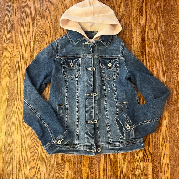 Abercrombie Kids denim jacket with pink liner and hood size 13/14 - Picture 1 of 6
